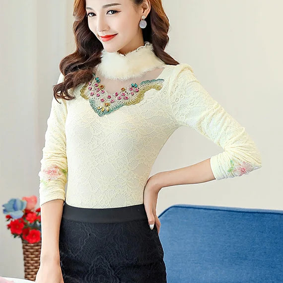 Maxy Winter Women Warm Embroidered Diamond Shirt Female Plus Velvet Thick Lace Bottomed Blouse Rabbit Fur Collar Hollow Tops