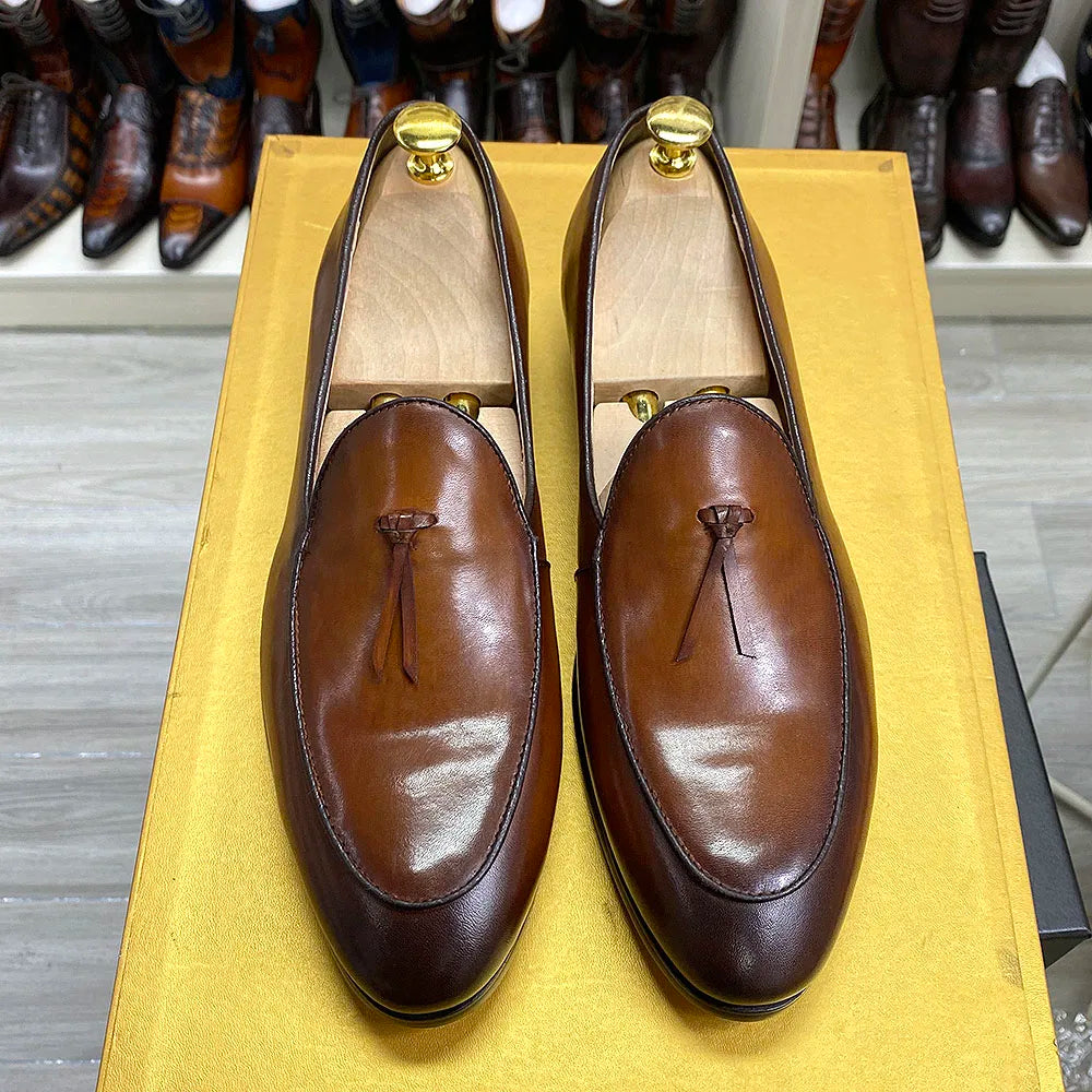 Amay Classic Italian Style Mens Tassel Loafers Genuine Calf Leather Dress Shoes Men Original Casual Business Wedding Formal Shoes