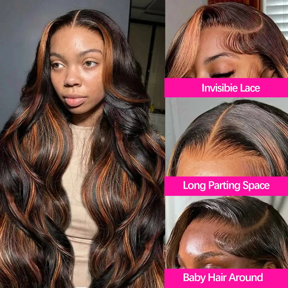 FB/30 Highlight Colored 13X4 13x6 HD Transparent Full Lace Frontal Wigs 200 Density Body Wave Human Hair Wigs For Women  46 Inch