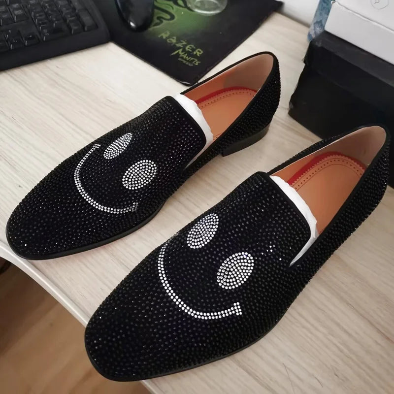 Maxy Smiling Face Rhinestone Loafers For Man Handmade Suede Men Shoes Slip On Mens Dress Shoes Party And Wedding Shoes