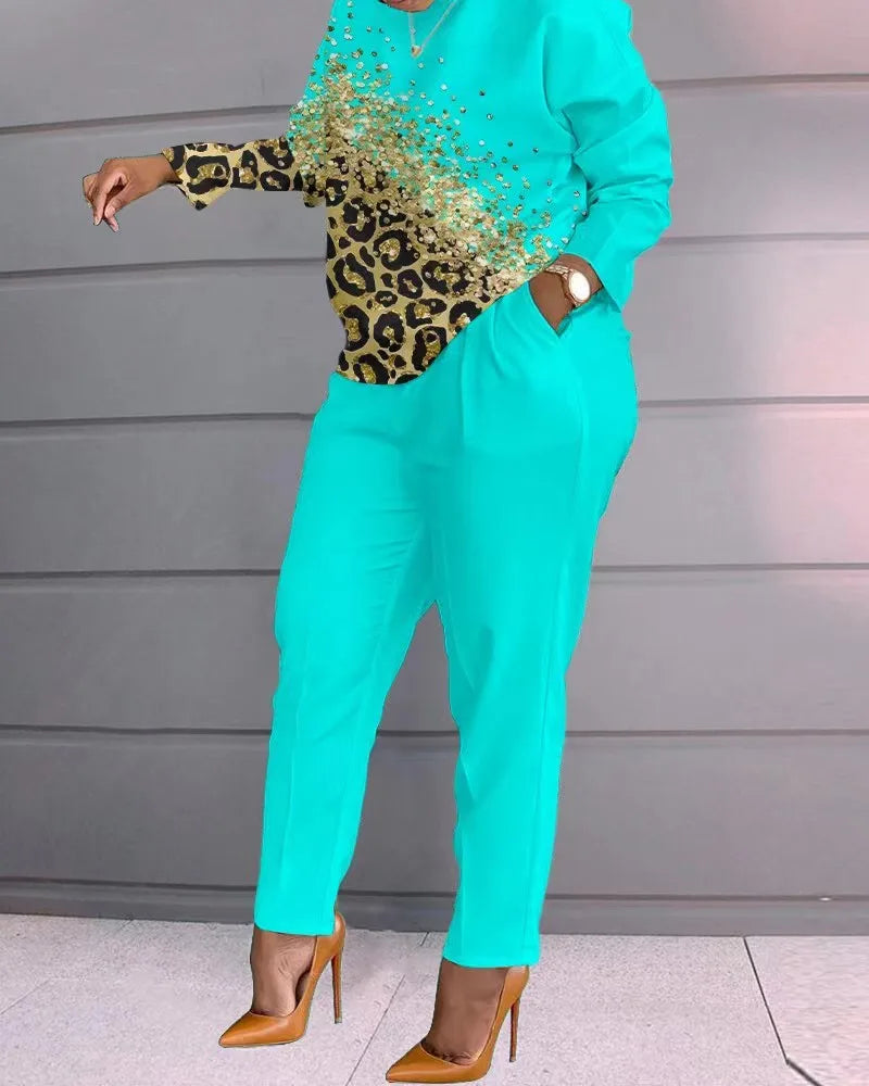 Amay 2 Piece Sets Women Outfits Autumn Winter New Print Long Sleeve Top & Fashion Pants Set Casual Suits Streetwear Y2k Clothes