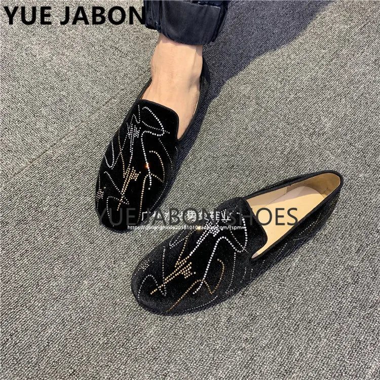 Visco New Fashion Men Rhinestone Shoes British Men's Flats Smoking Slippers Men Loafers Dress Shoes Black Casual Shoes Gladiator Mens