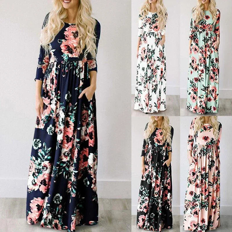Maxy Women Summer Long Dress Floral Print Boho Beach Dress Ladies White Maxi Evening Party Dress Sundress