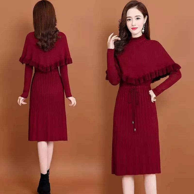 Maxy New Fashion Autumn Winter Women Long Sweater Dress Pullovers Warm Knitted Pullover Dresses + Sweaters Vest Two Pieces Set