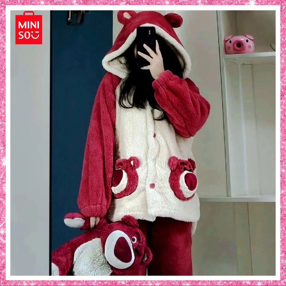 Miniso New Lotso Coral Velvet Girls Coral Velvet Hooded Pajamas Autumn and Winter Thickened Warm Cozy Pajama Set Christmas Gift