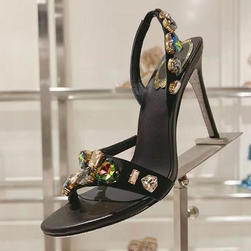 Maxy Dress Shoes Rhinestone Decor Elastic Strap Thin High Heels Sandas Women Snake Shaped Entanglement Sandals Summer Party Shoes