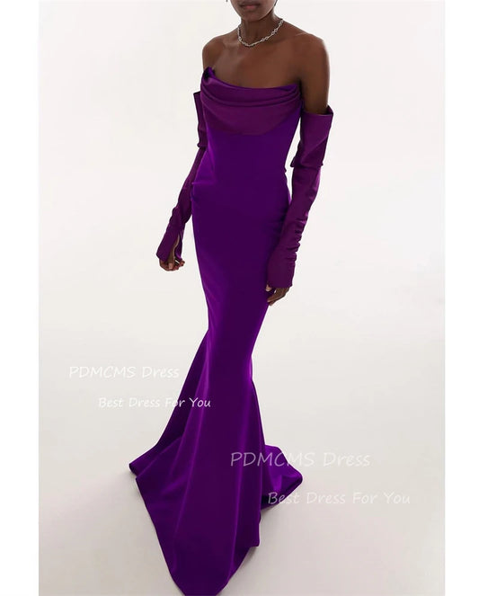 Maxy Elegant Purple Mermaid Evening Dresses Strapless Long Sleeves African Women Prom Dress Customized Chic Formal Party Dress