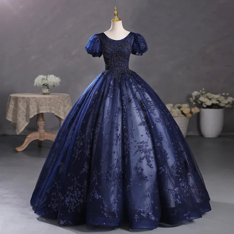 Maxy new Navy Blue Bubble Sleeve Dress, Student Art Exam Vocal Performance Dress, Fluffy Dress, Annual Meeting Host Evening Dress