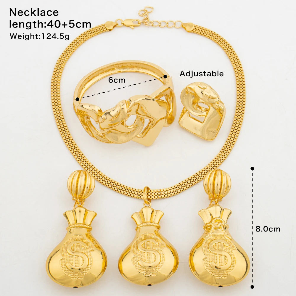 Maxy Gold Color Jewelry Set for Women Drop Earrings and Pendant Necklace Dubai Bangle Ring 4Pcs Set for Anniversary Jewelry