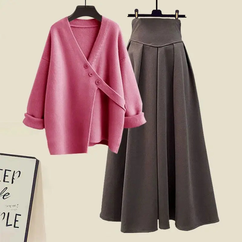 Amay Autumn and Winter Fashion Women's Set New Korean Knitted Sweater Sweater Age Reducing Slim Half Skirt Two Piece Set