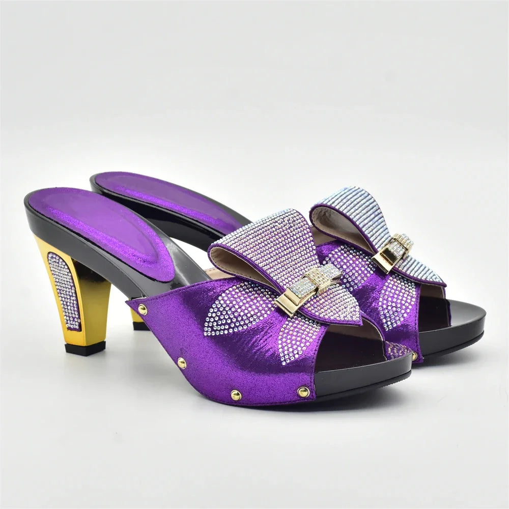 Maxy Leather Shoes and Bag Set Purple Women Shoes and Bag Set in Ladies Shoe and Bag Set with Rhinestone