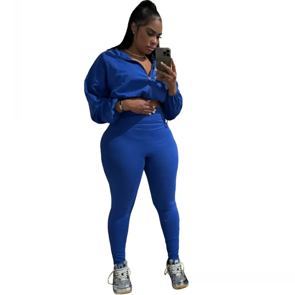 Maxy 2 Pieces Women's Sets Summer Autumn Solid Color Zipper Suit Tops And Pants Suits Two Piece Set Tracksuit Outfit