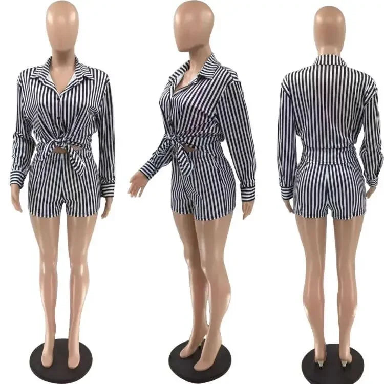 Maxy Summer Fashion Sporting Women set Striped Print Button Shirt Top Skinny Shorts Suit Two Piece Set Elegant Tracksuits