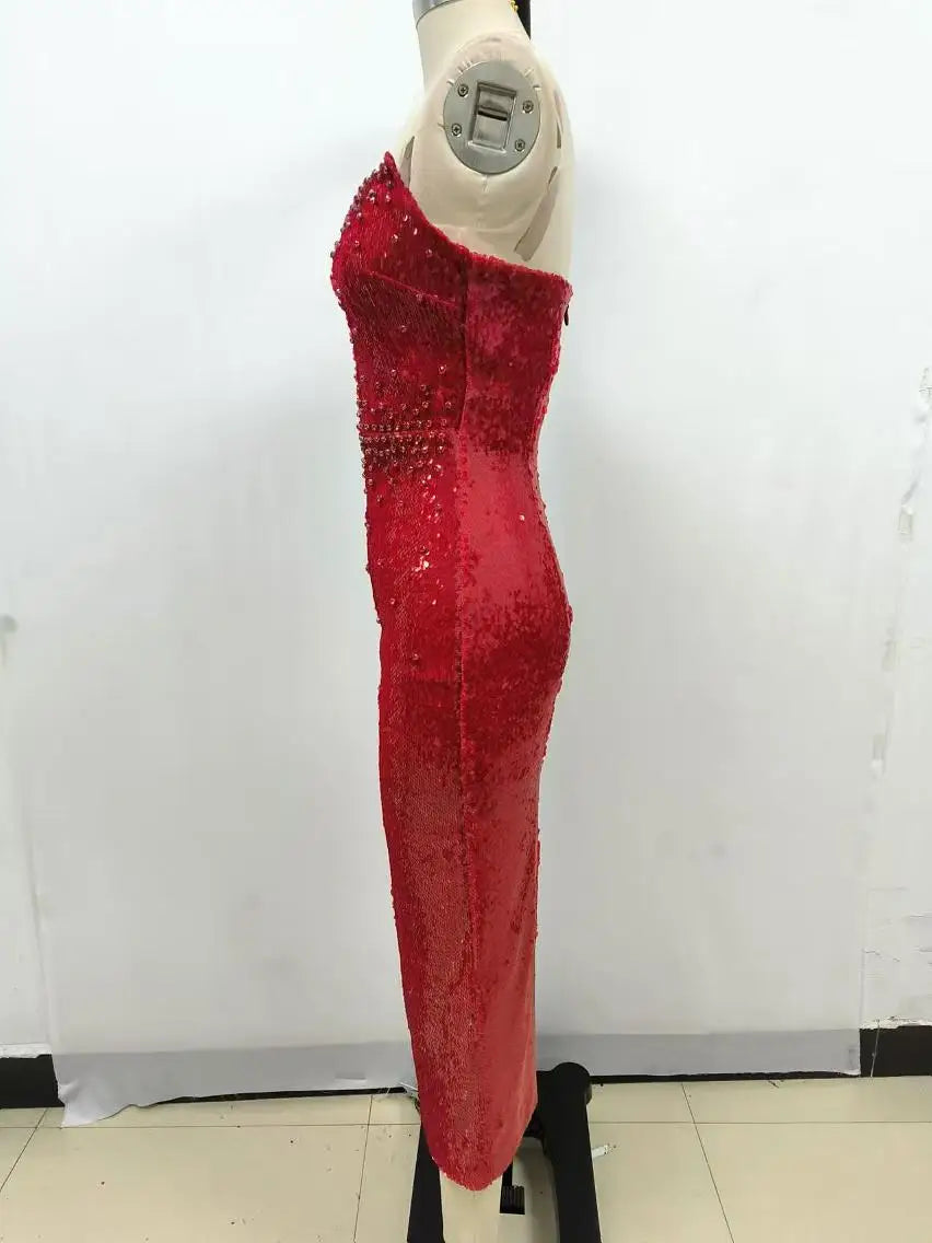 Maxy Women Red Evening Dress Fashion Strapless Sequins Glitter Mid Calf Sparky Dress Celebrity Birthday Club Gowns Gala Clothes