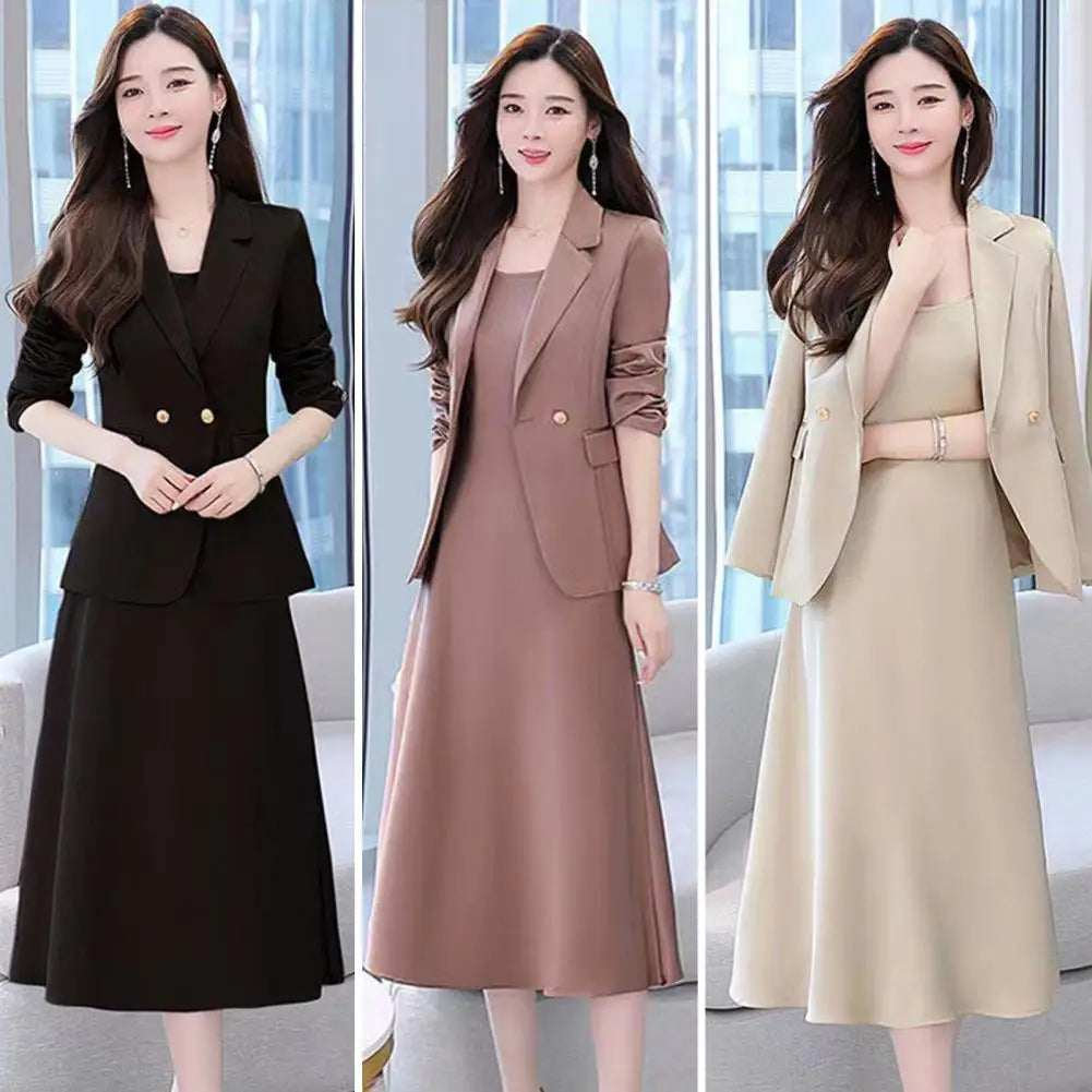 Maxy Women's Office Suit Fashion Blazer suit Simple Solid Color Spring Summer Half Sleeve Top + Dress 2 Piece Set Blazer