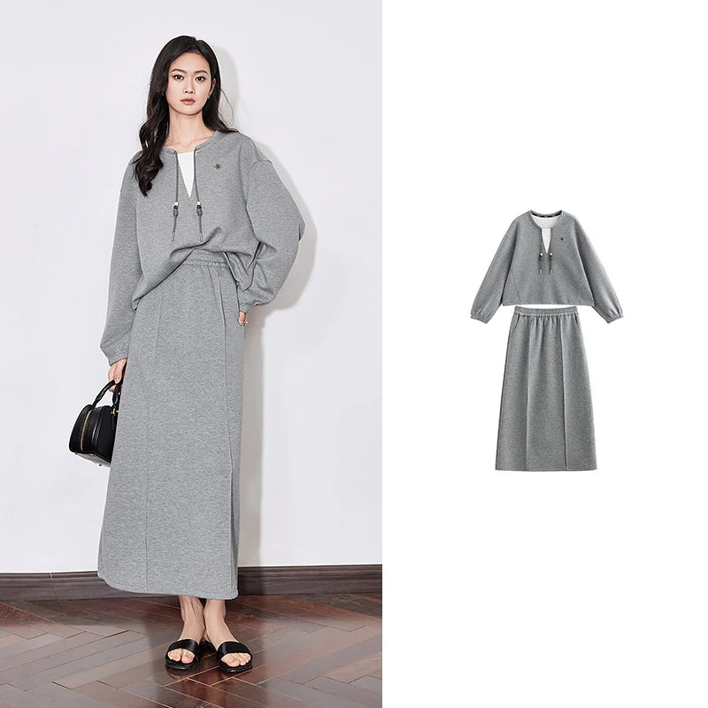 Maxy Two Piece Suit Spring New Hooded Sweatshirt With Mid Length Skirt Women Sports Casual Fashion Sets