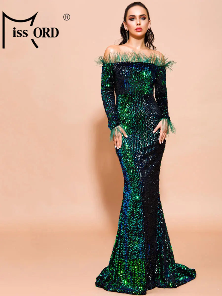 Babs Green Sequin Evening Dresses Elegant Women Off Shoulder Feather Long Sleeves Bodycon Maxy Mermaid Party Prom Dress Gown