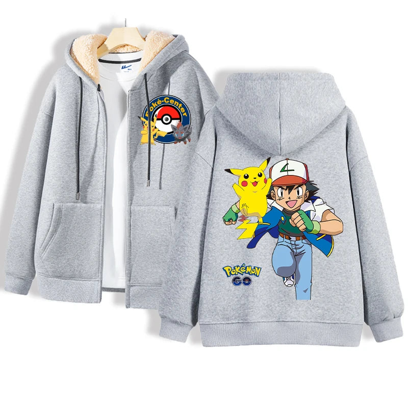 Maxy Pokémon Lamb Wool Coat for Men Women Pikachu Anime Cartoon Fashion Zipper Hooded Jacket Boys Girls Winter Warm Hip Hop Coats