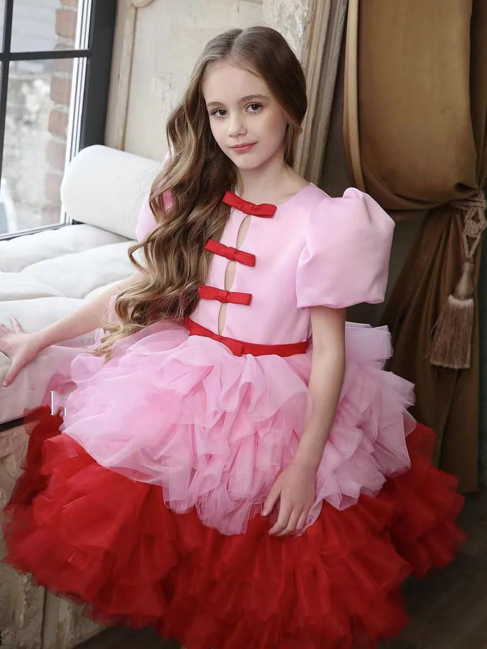 Maxy Princess Elegant Bubble Sleeve Flower Girl Dress For Wedding With Bows Layred Puffy Child First Eucharistic Birthday Party Dresses