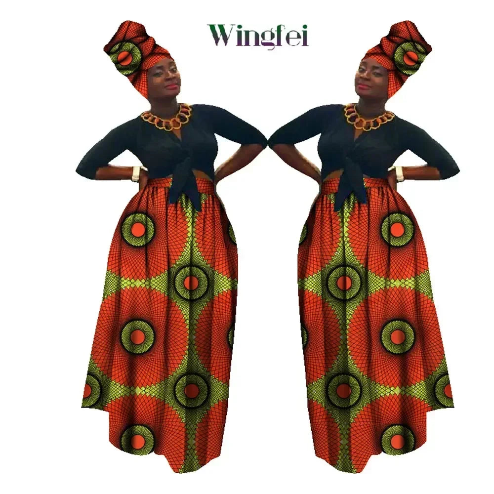 Dashiki African High Waist Ball Grown Skirt Bazin Riche African Skirt and African Headscarf 2 Pieces Lady Maxi Long Skirt WY1270