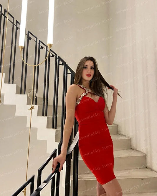 Maxy One Shoulder Red Satin Mini Length Party Dress Above Knee Sleeveless Satin Cocktail Dresses Cryatsls Beaded Women Clothing