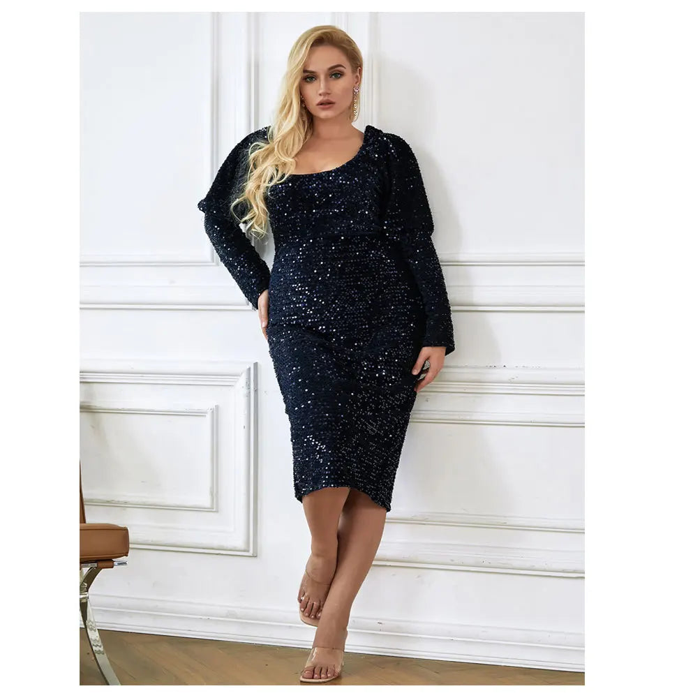 Women Plus Size Party Dresses Temperament Backless Sequin Dress Fashion Elegant Long Sleeve Birthday New Year Evening Dresses