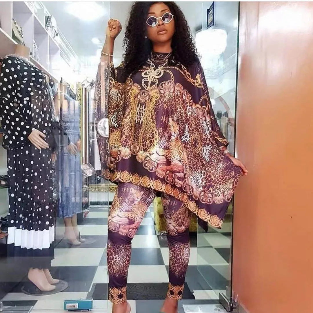 Maxy Loose African Style Women Top Pants Two Pieces Set Leopard Print Plaid Striped Dashiki Brand Outfit Party Fashion Lady Suit