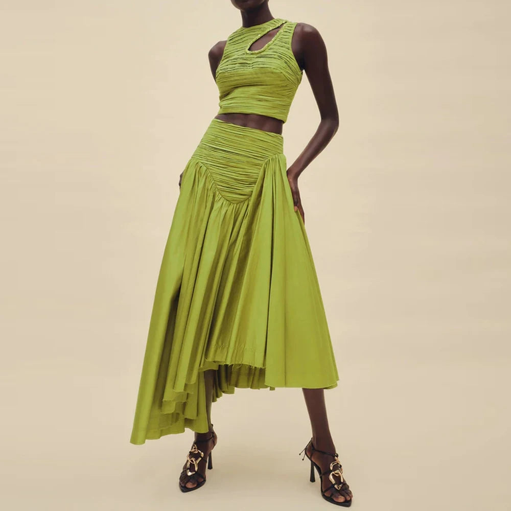 Maxy Slim Two Piece Sets For Women Round Neck Sleeveless Hollow Out Pleat Crop Tops Irregular Hem Pleated Skirt Solid Set Female