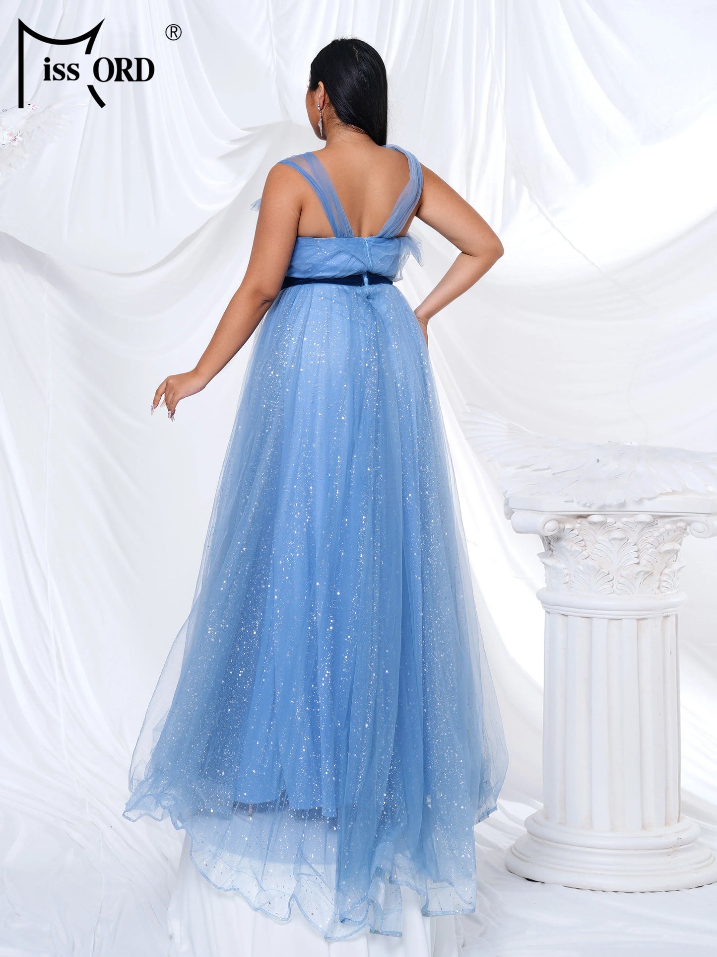Maxy Plus Size New Blue Off Shoulder A Line Mesh Evening Gown Wedding Bridal Banquet Party Floor Length Prom Birthday Dress