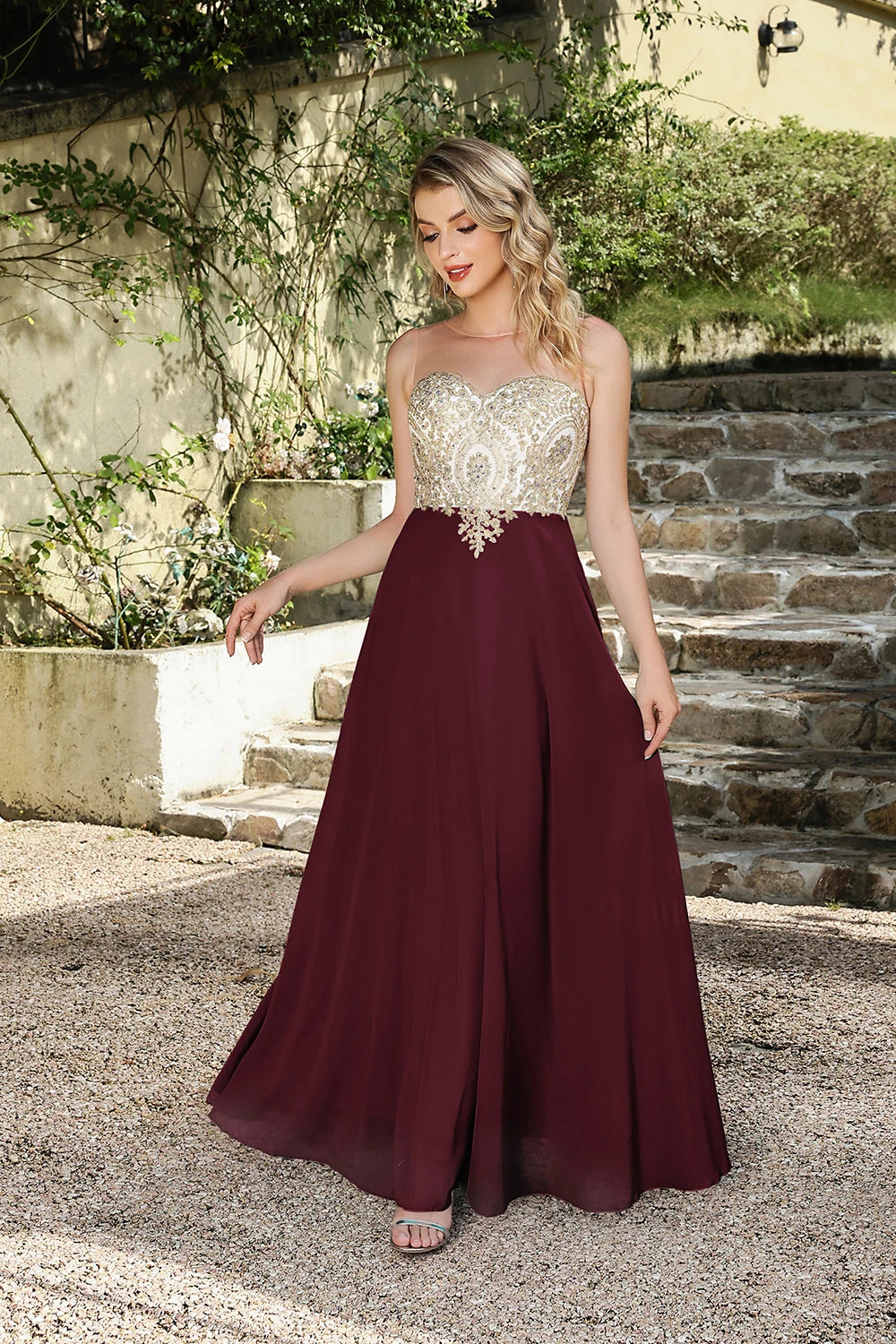 Maxy BABYONLINE Wedding Party Dress Long Lace Chiffon Evening Dresses Illusion A-line Sweetheart Beaded Elegant Formal Prom Gowns