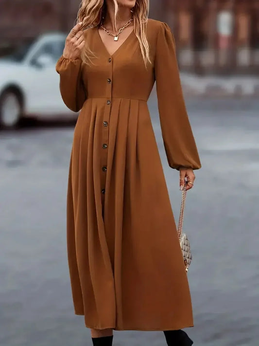 Amay Summer Plus Size Women's Maxy Dress Elegant Solid Color Front Button Lantern Sleeve Pleated V-Neck Sexy Gown for Ladies