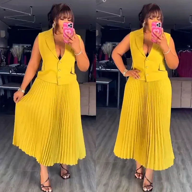 Maxy 2 Piece African Clothes for Women Summer Elegant African Sleeveless V-neck Polyester Top Pleat Skirts Dashiki African Clothes