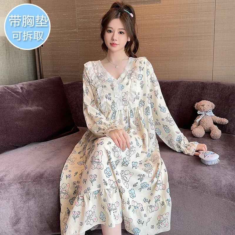 Maxy 150Kg Large Size Sweet Nightgown with Chest Pads Women Autumn Spring Long-sleeved Pajamas Loose Fattened Loungewear Sleep Dress