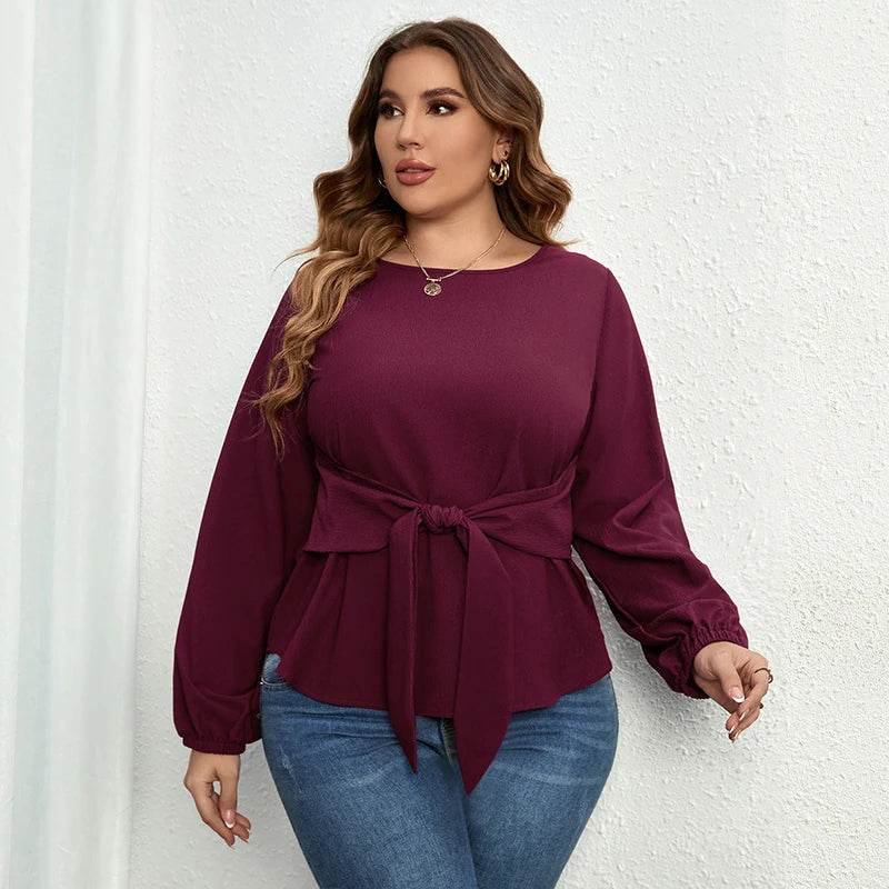Maxy Plus Size Women Clothing O-Neck Solid Tops Fashion Elegant Long Sleeve Office Female Casual Large Size Lady Blouses