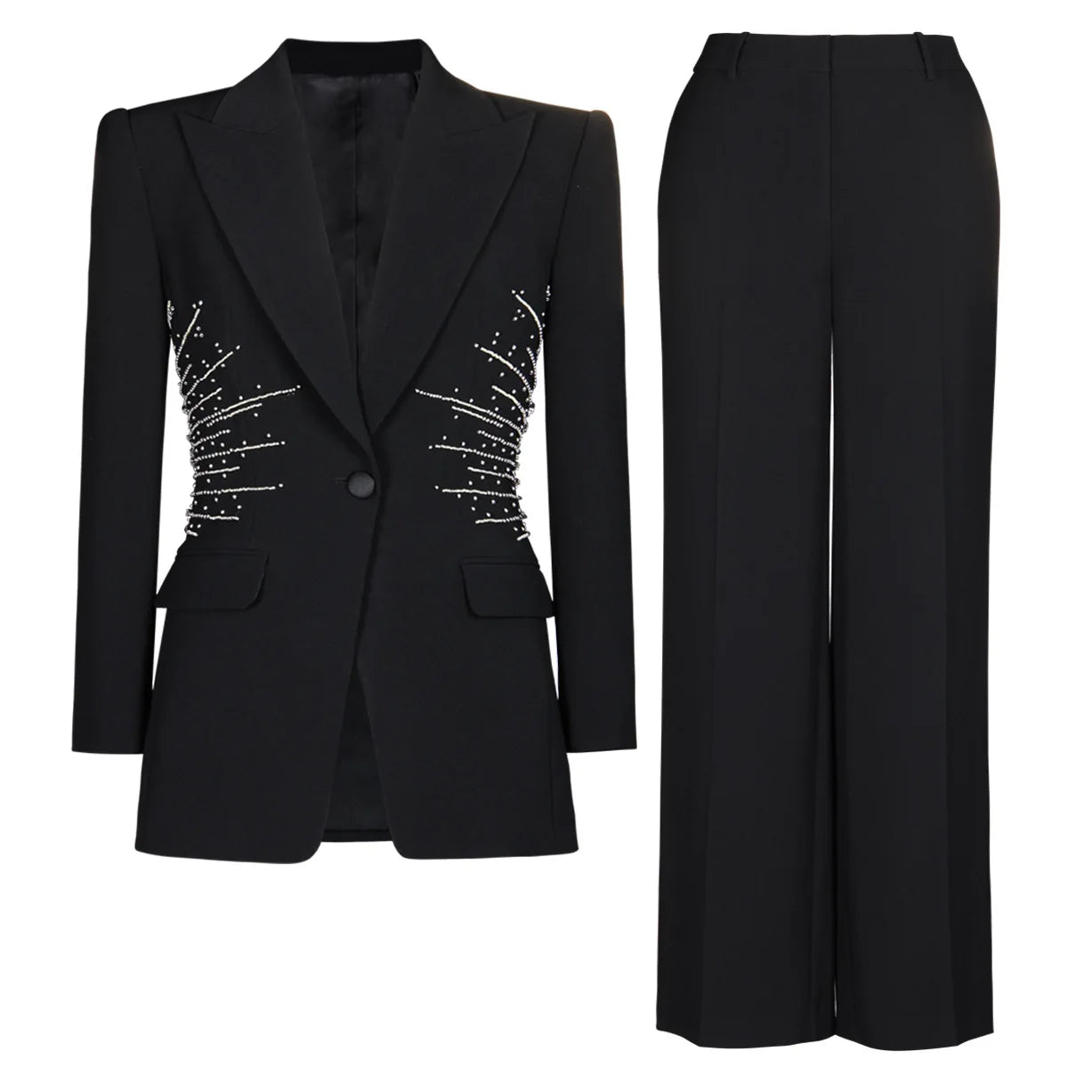 Maxy French Elegant Commuter Office Lady Business Sets Beads Single Buckle Suit Jacket High Waist Straight Pants Two-piece Set Women