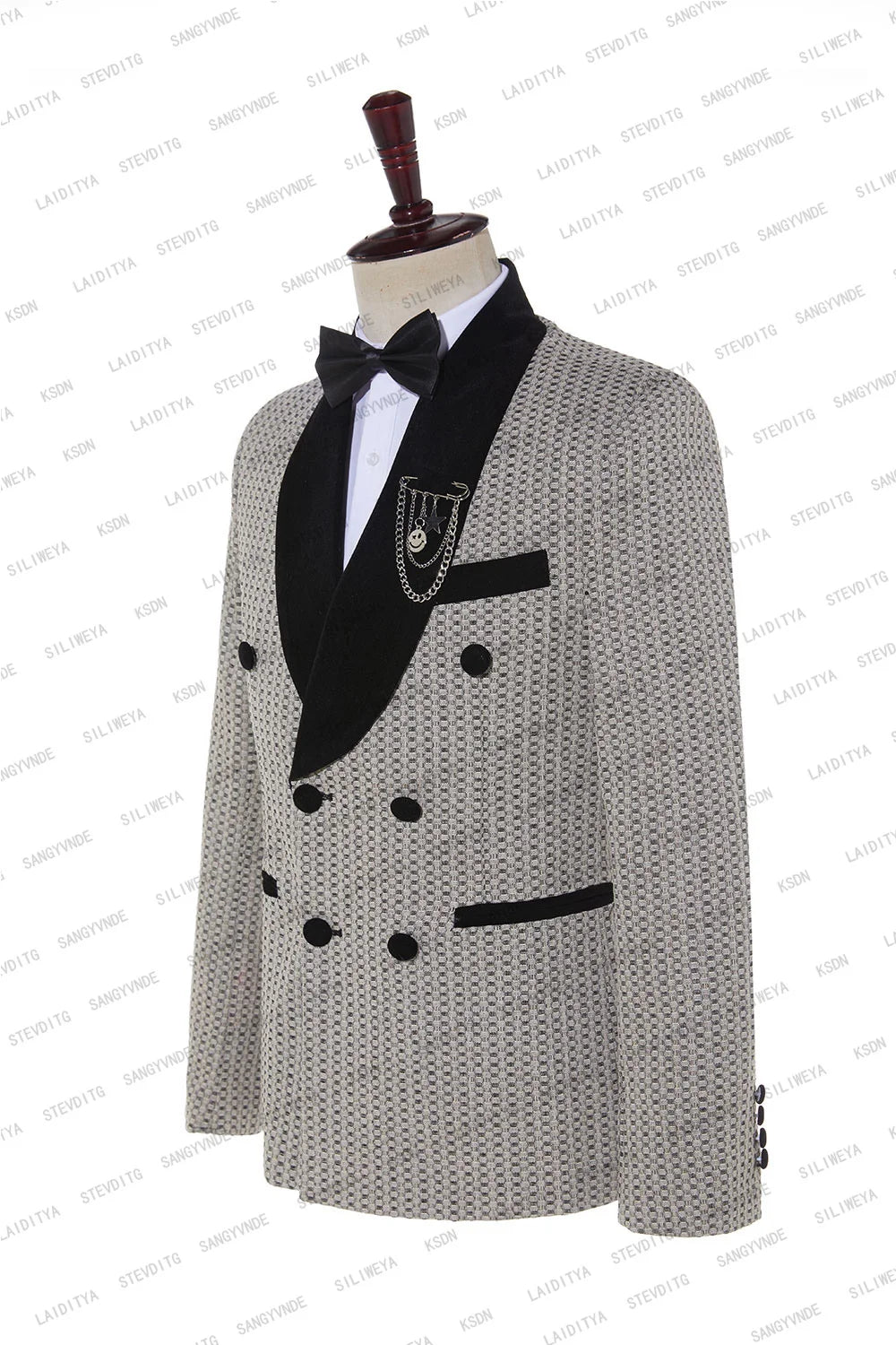 Maxy Fashion New Men's Business Double Breasted Suit Khaki Black Velvet Lapel Polka Dots Slim Fit Wedding 2 Pcs Set Jacket Pants