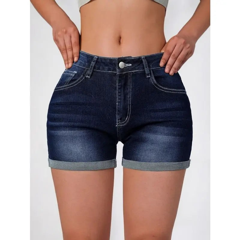 Maxy Women's summer denim shorts American deep blue elastic slim fit fashionable versatile casual retro denim shorts