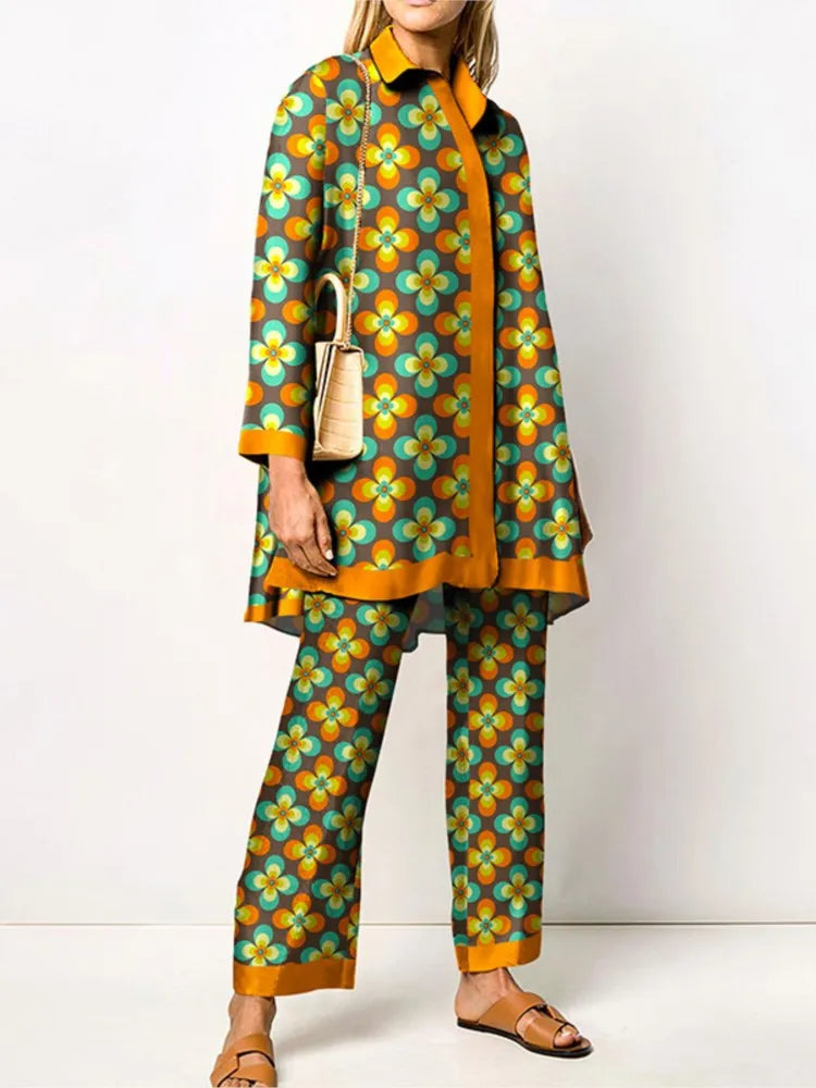 Maxy Autumn New Loose Vintage Printed Pant Sets Women Long Sleeve Shirts And Wide Legs Trousers Two Piece Set Fashion Streetwear