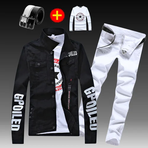 Visco Men's Slim Fit Denim Jacket Pants 2pcs Set Long Sleeve Coats Letters Printed Casual Large Size Black White Red Boys Trousers