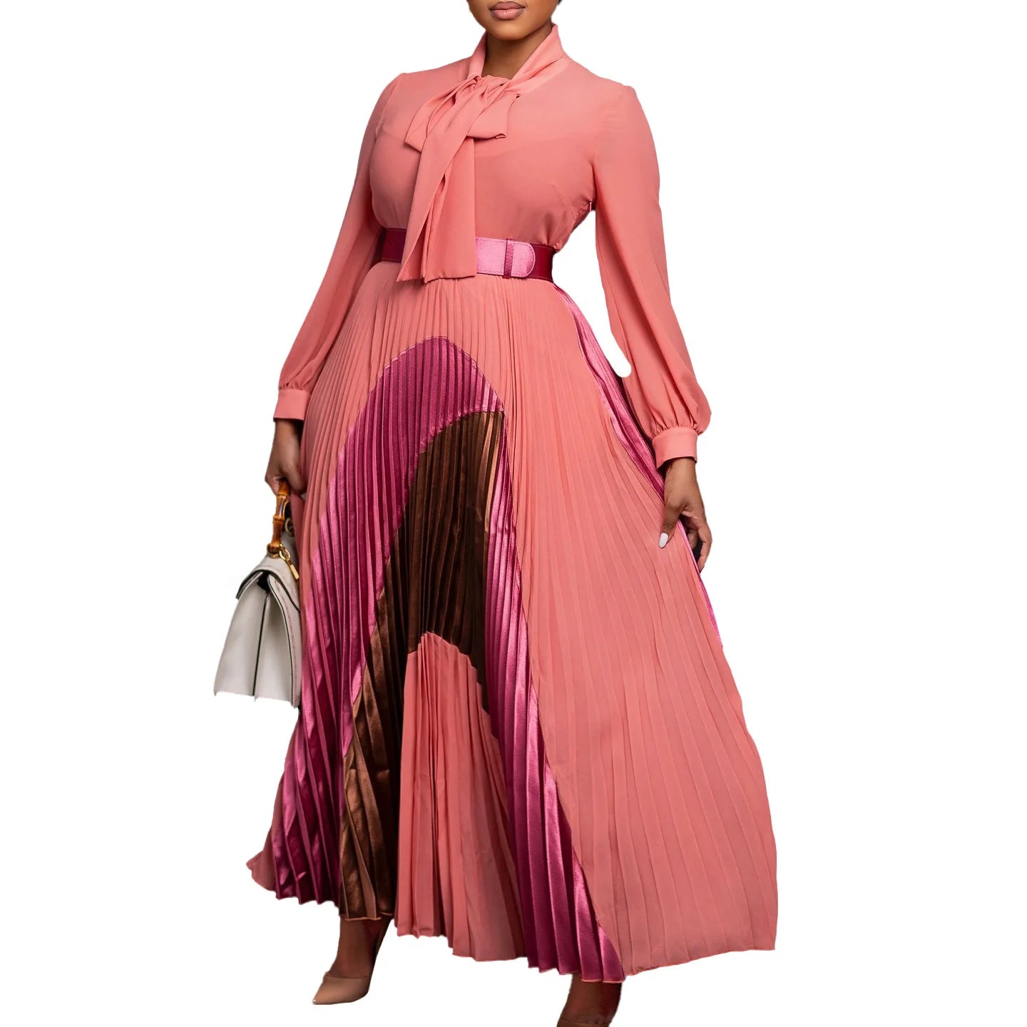 Amay Clothes for Women Elegant Pleated Bow Collar Maxy Dress and Belt Africa Clothing Robe Femme Spring
