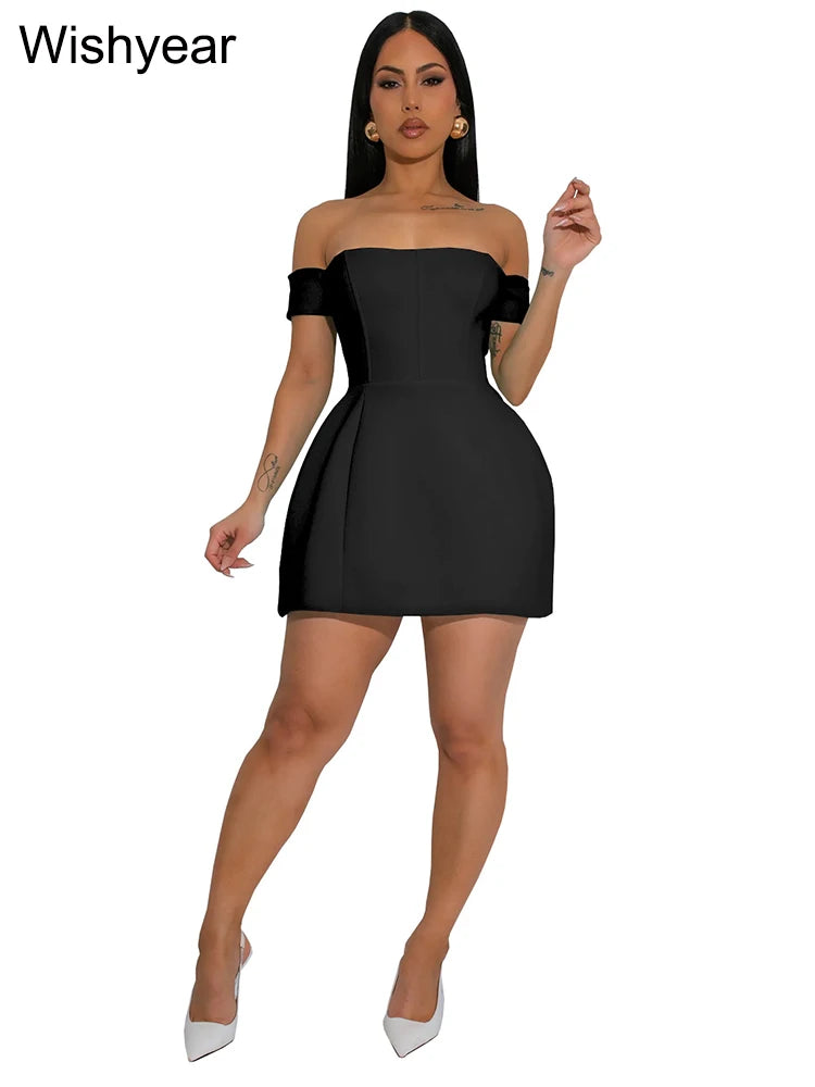 Maxy Wish year Solid Off Shoulder Backless Sleeveless A-Line Mini Dresses Elegant Sexy Bodycon Evening Party Birthday Prom