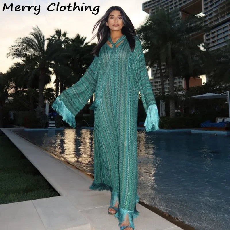 Maxy Elegant Tassel Hem Dress Women V-neck Long Sleeve with Scarf Loose Dresses 2026 NEW Spring Luxury Lady Party Evening Gowns