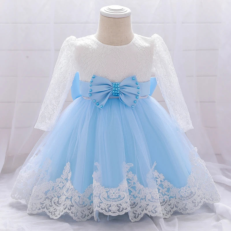 Maxy Baby Girl Baptism Newborn Photography Clothing Toddler Birthday Summer Dress Kids Christening Long Sleeve Lace Bow Ball Gown
