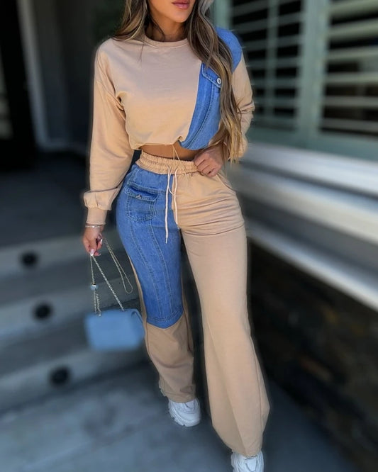 Maxy 2 Piece Long Sleeve Demin Patchwork Crop Drawstring Sweatshirt High Waist Pants Set Tracksuit 2024 Autumn Winter Fashion Casual