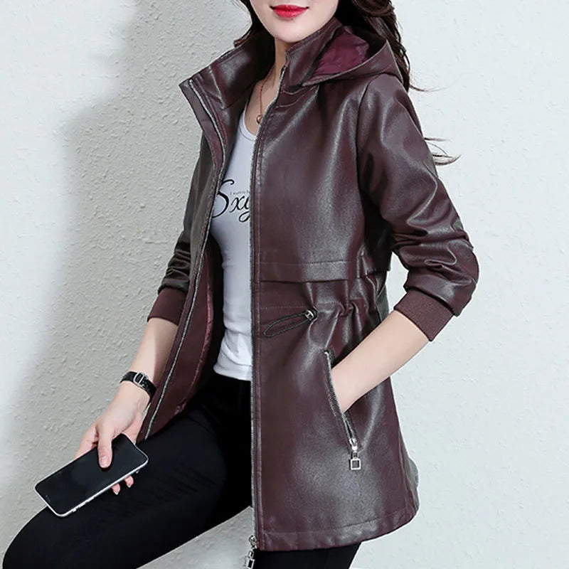 Maxy Women Large Size PU Leather Jacket Autumn Winter Hooded Faux leather Coat Female Winter Add Velvet Warm Coats 4XLC1609
