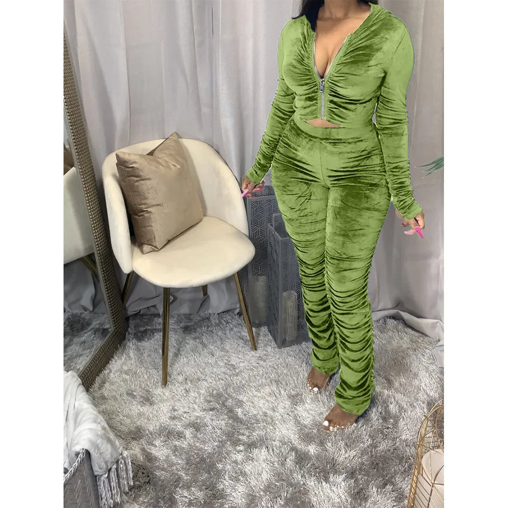 Maxy Autumn Winter Velvet Tracksuit Two Piece Set for Women Matching Sets Ruched Hoodies Jacket Stacked Pants Joggers Sweat Suits