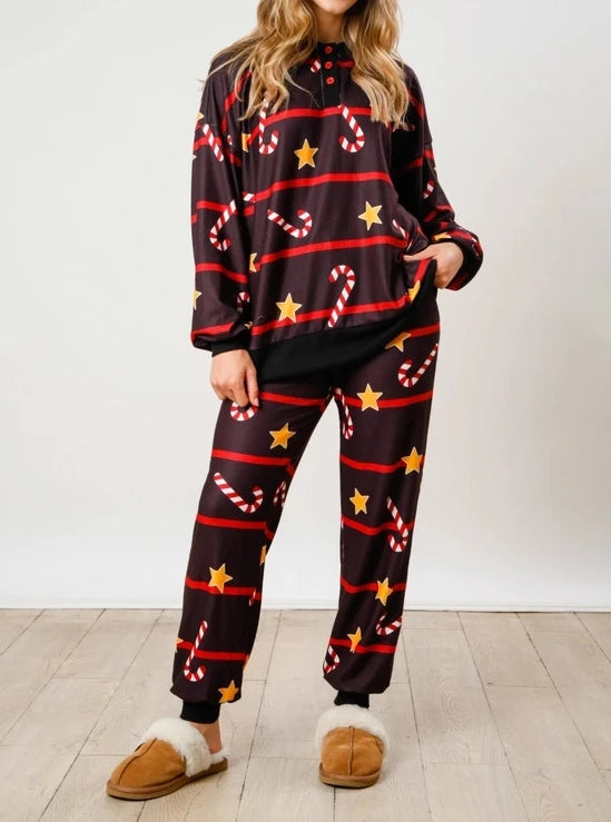 Comfortable Two Piece Set for Woman Casual Home Wear Christmas Print O-Neck Long Sleeved T-Shirt Slim Fit Pants Urban Pajama Set