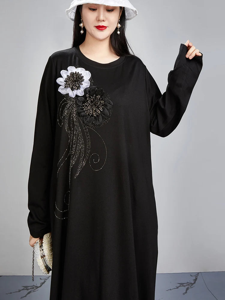 Maxy SHENGPALAE Trendy Embroidered O-Neck Long Sleeve Straight Tube Robe Summer New Versatile Loose Elegant Women's Dress 5C1368