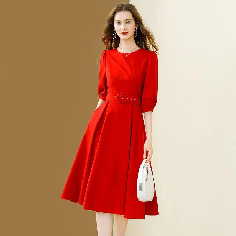 Maxy Fashion Light Luxury Bubble Sleeve Dress Women Spring Summer 2024 New Half Sleeve Temperament Vestidos Waist Slim Dresses Female