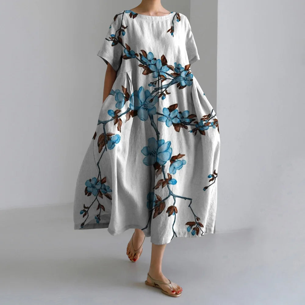 Maxy Summer New Bohemian Casual Dresses Vintage Women's Cotton Printed Dresses Womens Floral Long Dresses Round Neck Pullover Dresses